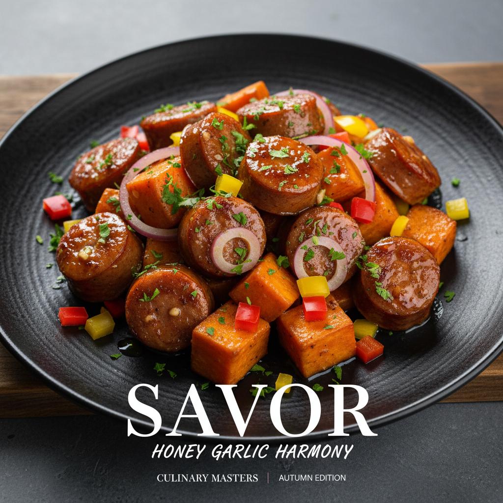 Final presentation of Honey Garlic Sausage Sweet Potatoes
