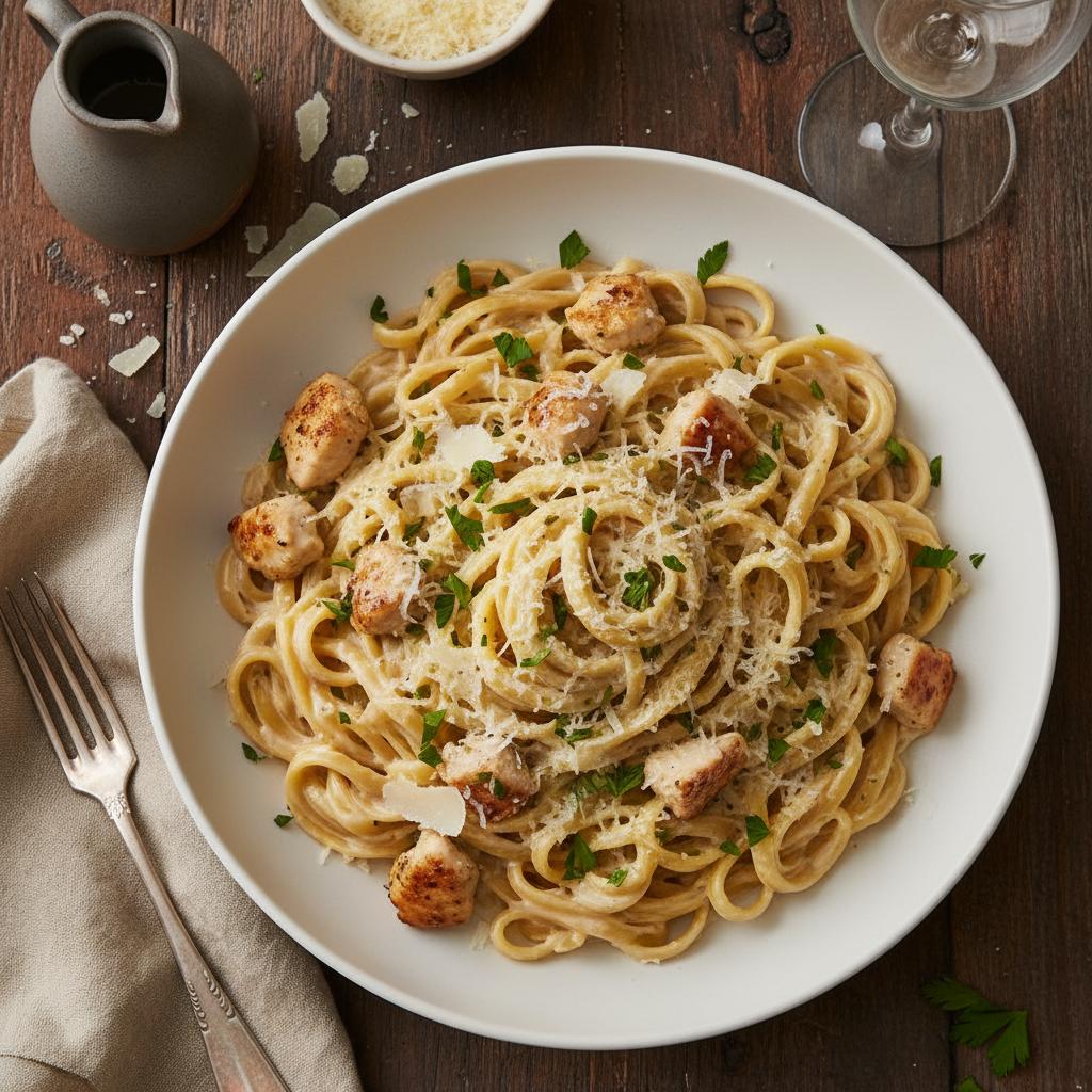 Final presentation of creamy garlic parmesan chicken pasta