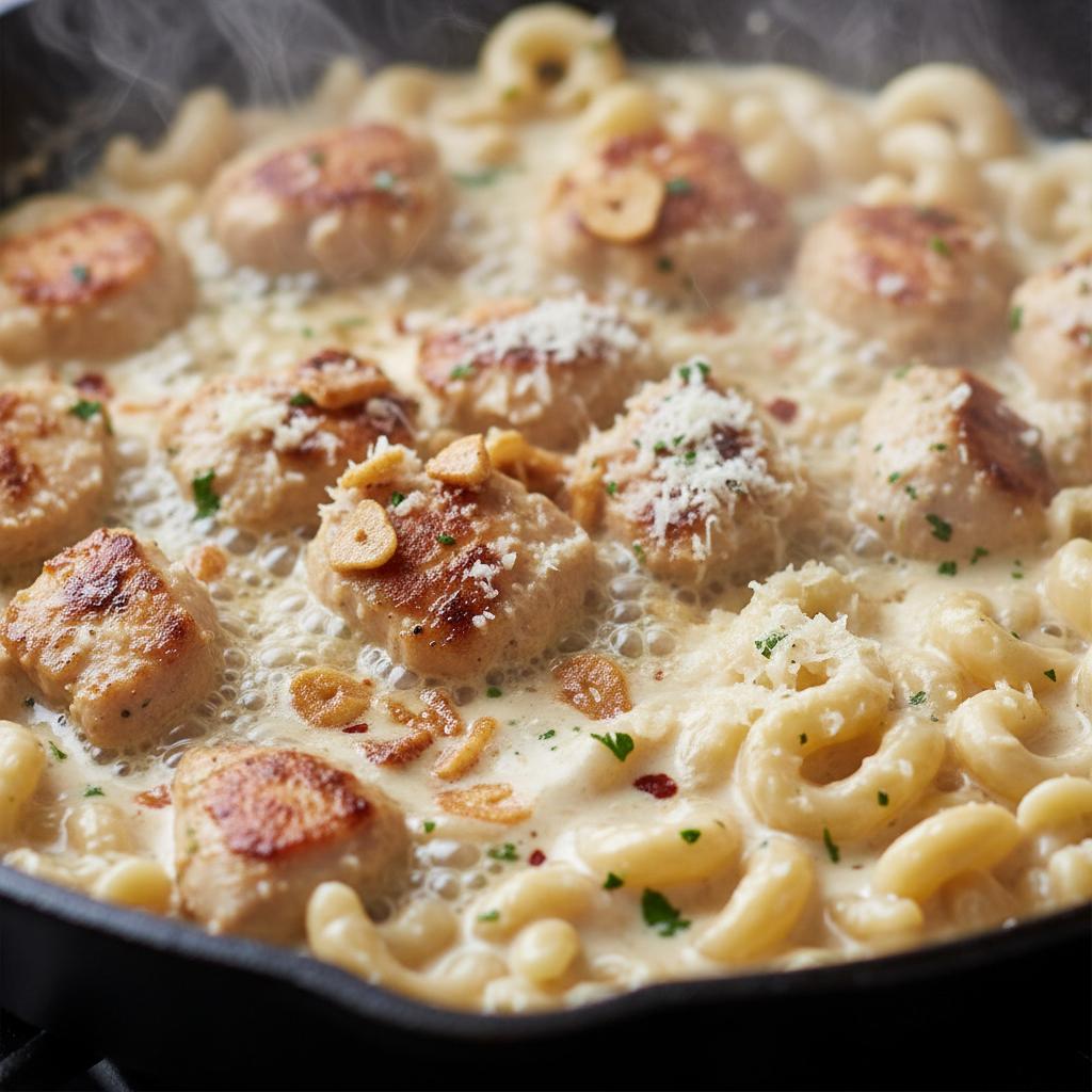 Preparation of creamy garlic parmesan chicken pasta