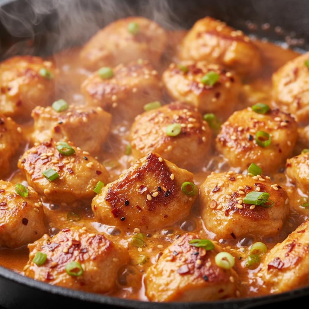 Preparing Bang Bang Chicken Bowl with close-up of cooking process