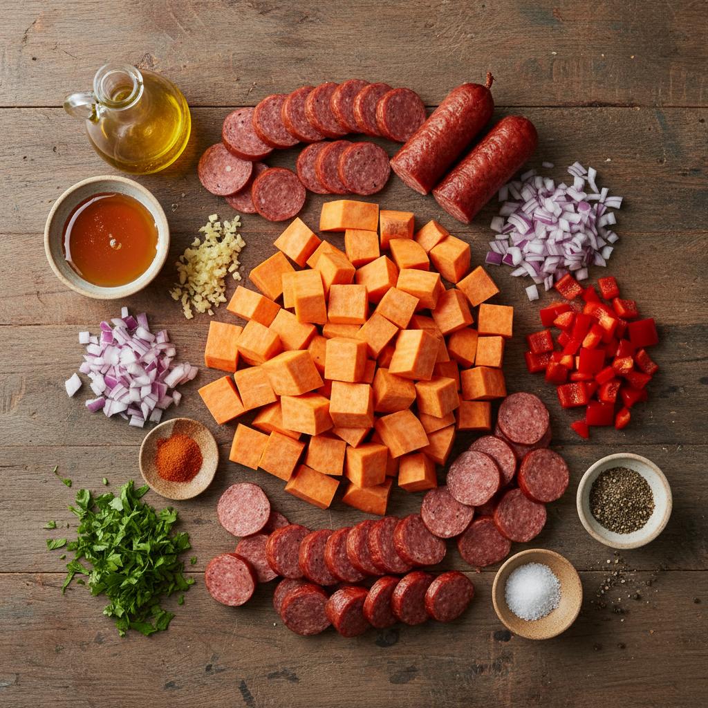 Overhead shot of Ingredients for Honey Garlic Sausage Sweet Potatoes