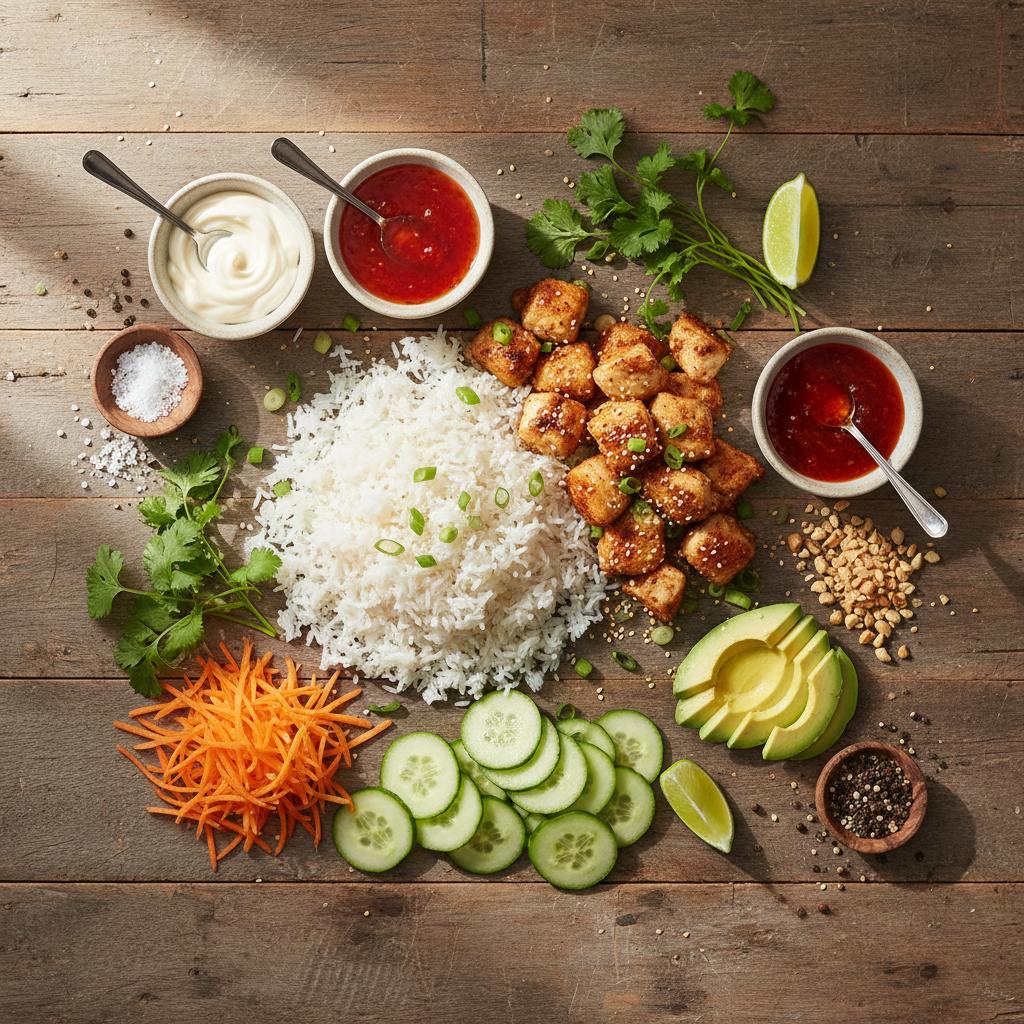 Overhead image of ingredients for Bang Bang Chicken Bowl
