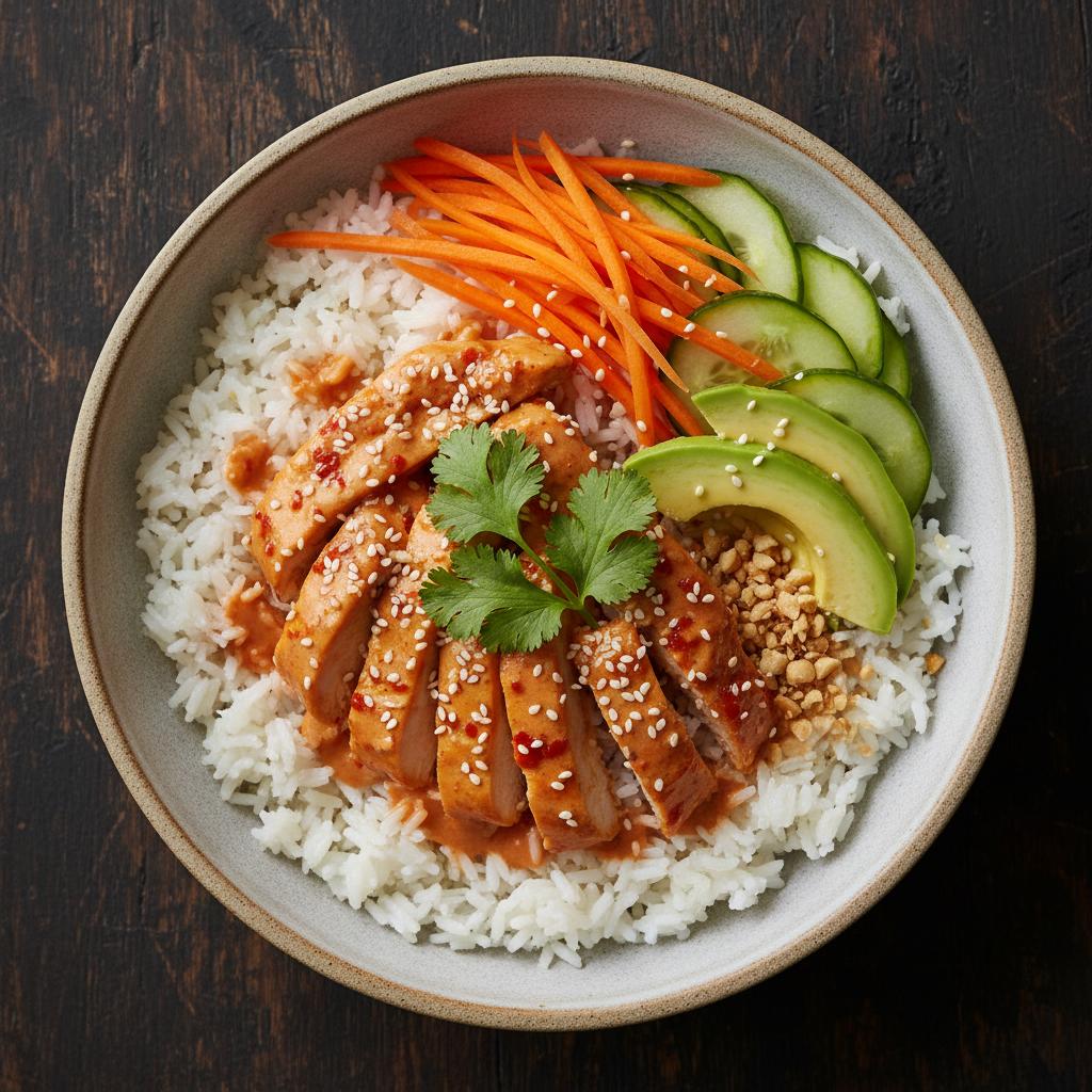 Final presentation of the Bang Bang Chicken Bowl