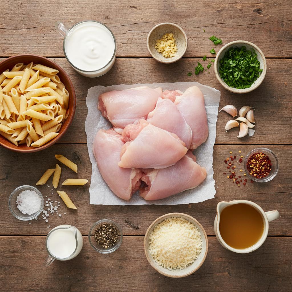 Ingredients for creamy garlic parmesan chicken pasta