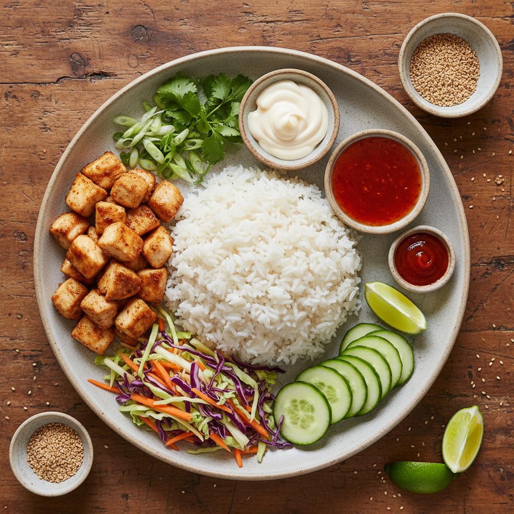 Ingredients laid out for Bang Bang Chicken Bowl
