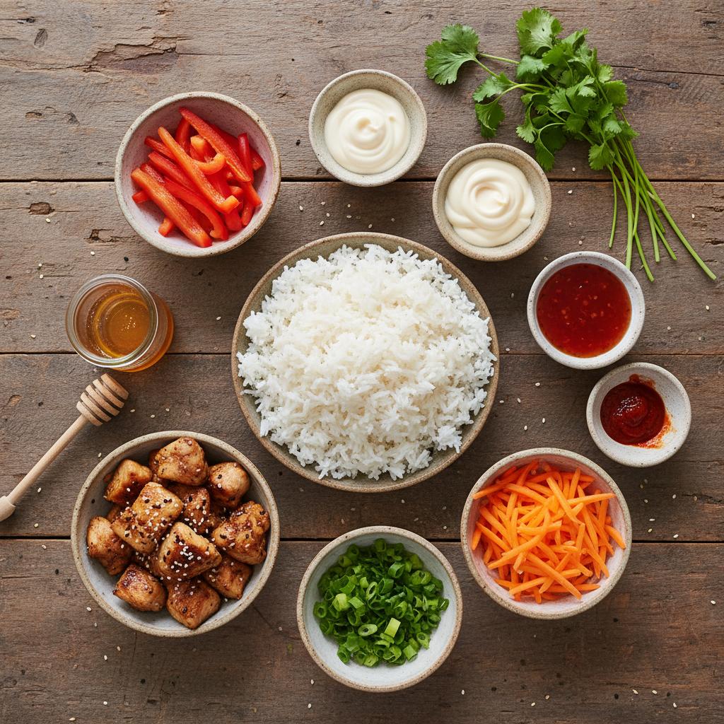 Ingredients for Bang Bang Chicken Bowl overhead view