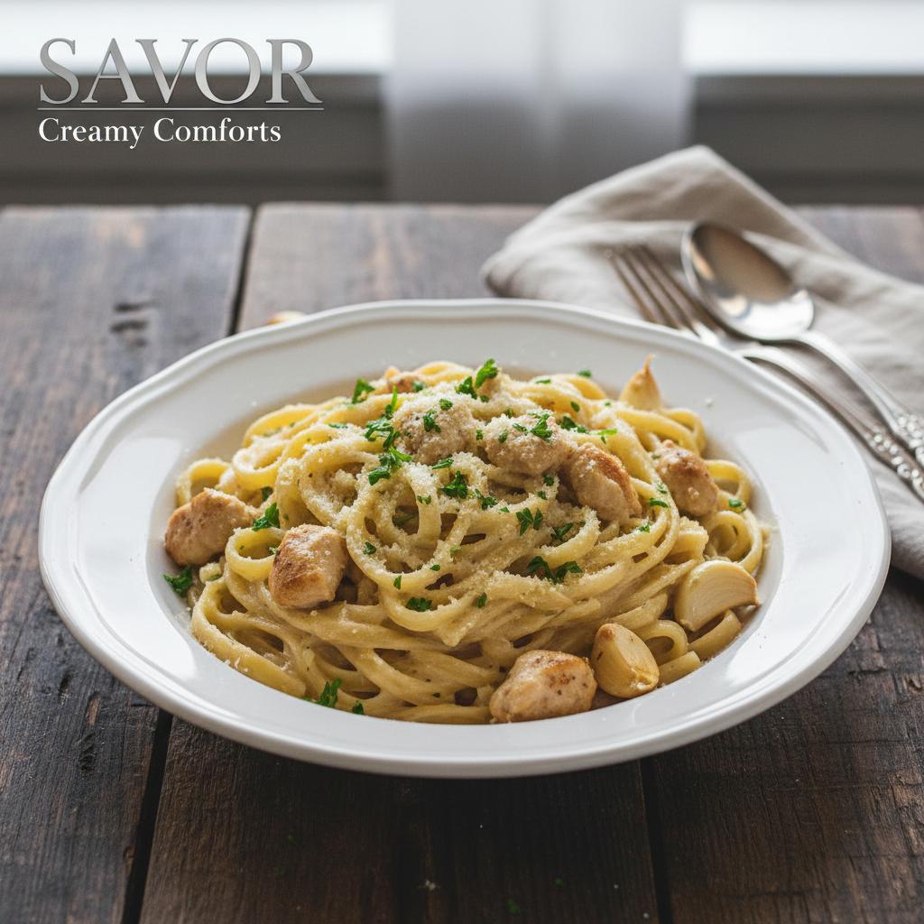 Final presentation of creamy garlic parmesan chicken pasta