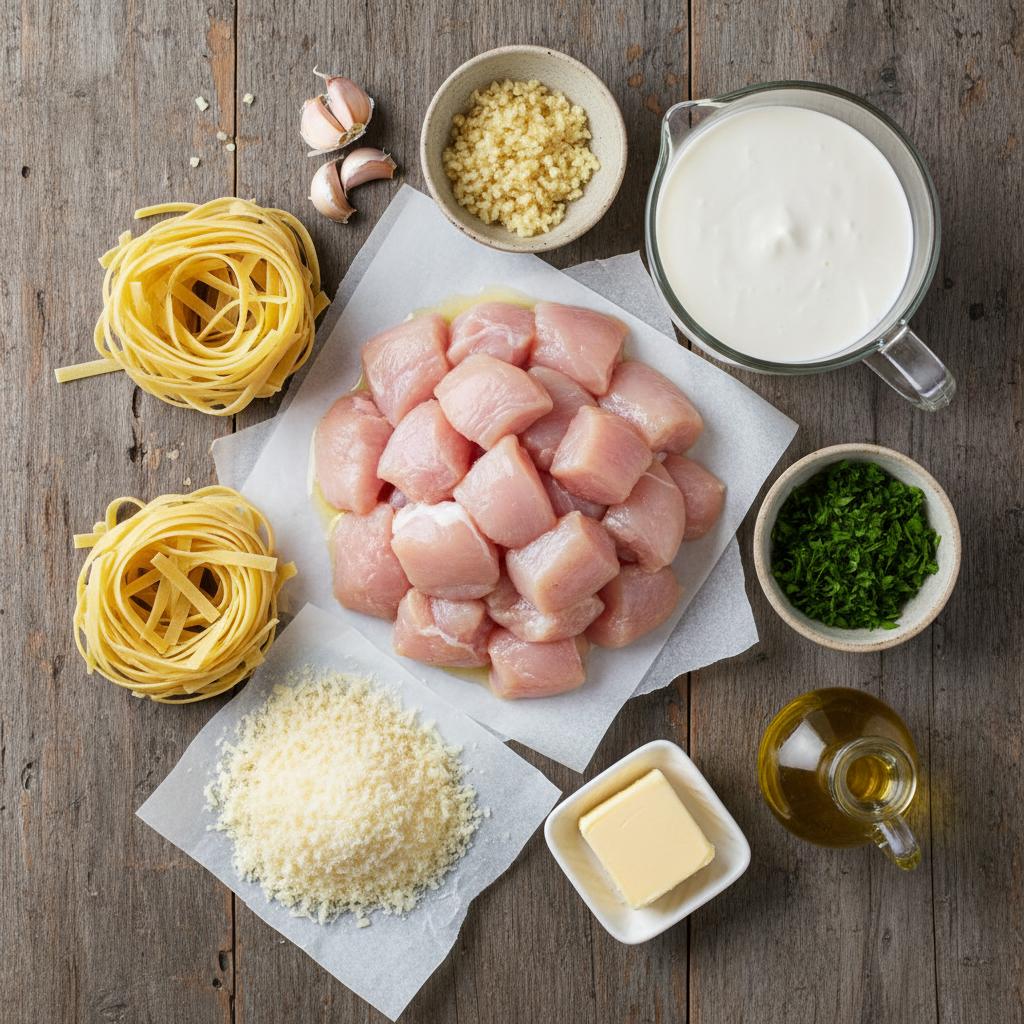 Ingredients for creamy garlic parmesan chicken pasta